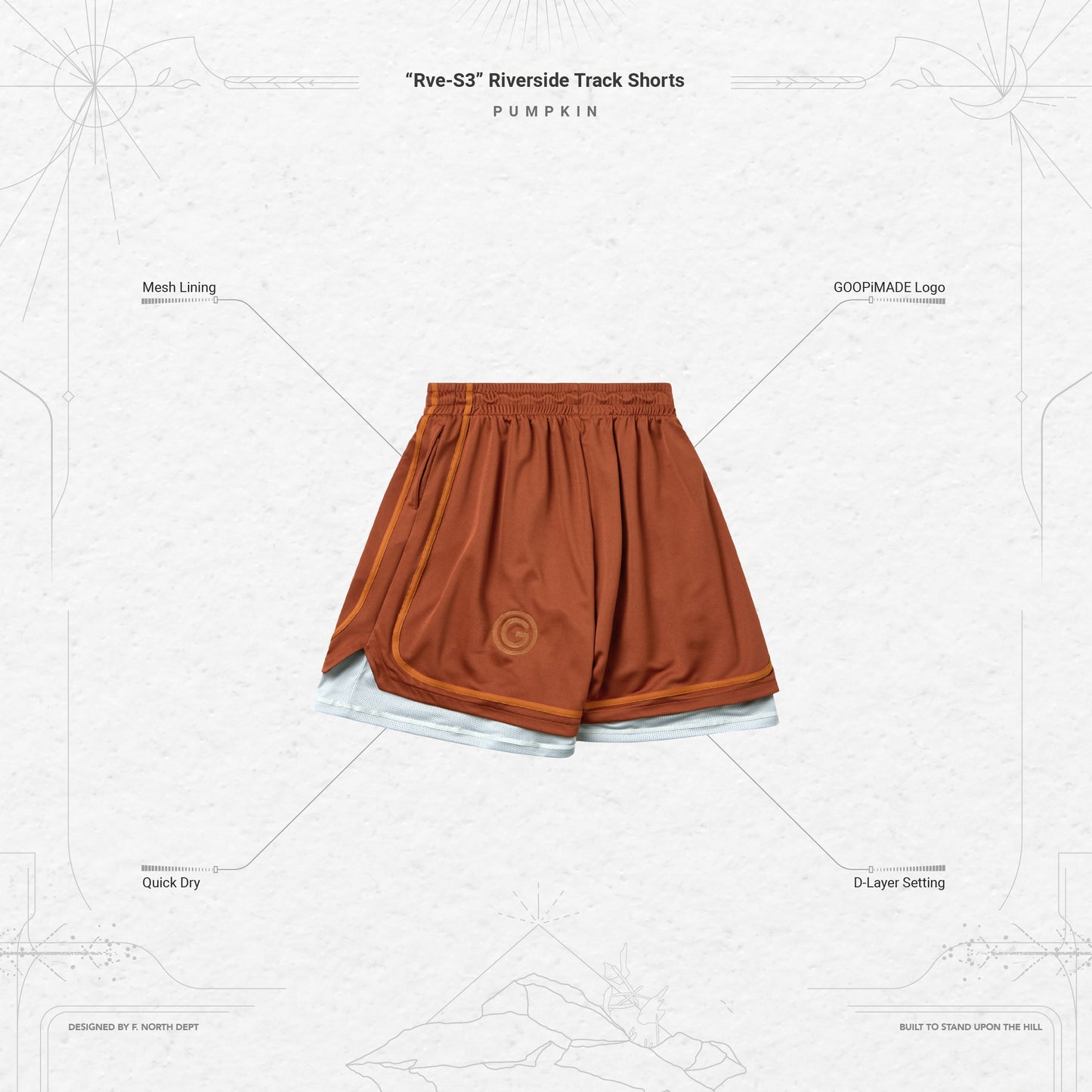 【GOOPiMADE】“Rve-S3 “ Riverside Track Shorts PUMPKIN