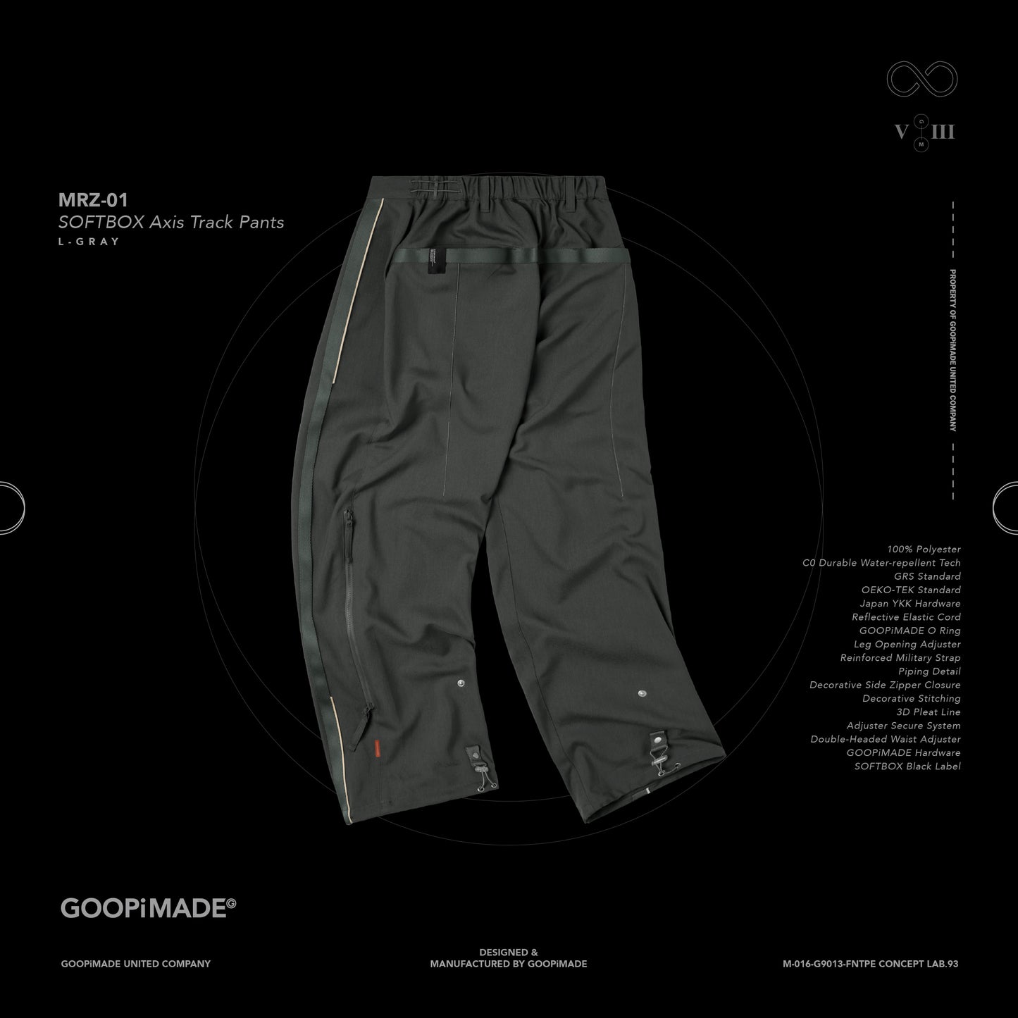 【GOOPiMADE】“MRZ-01” SOFTBOX Axis Track Pants L-Gray