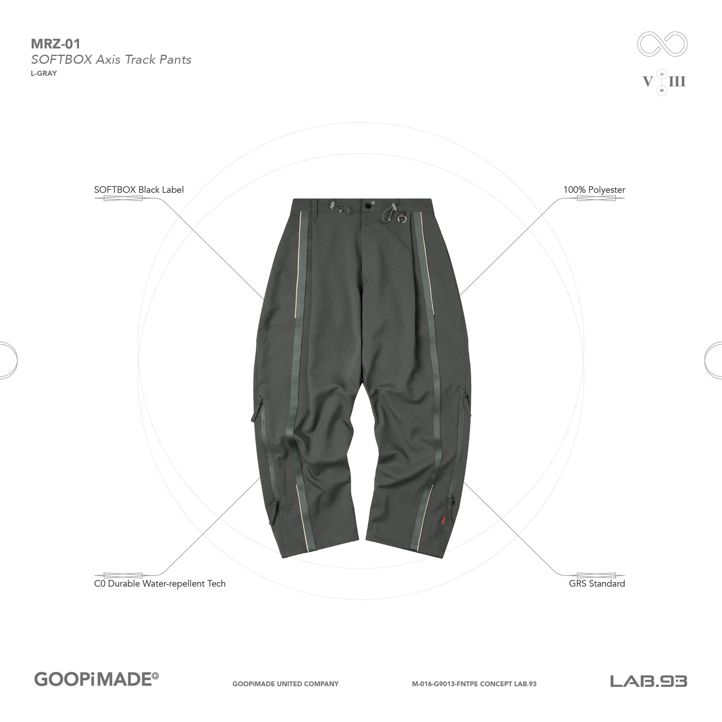 【GOOPiMADE】“MRZ-01” SOFTBOX Axis Track Pants L-Gray